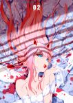  bare_shoulders blue_eyes breasts candy covering covering_breasts darling_in_the_franxx food highres horns large_breasts long_hair looking_at_viewer nude open_mouth pink_hair solo ya_yan zero_two_(darling_in_the_franxx) 