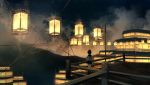  black_hair black_skirt cloud facing_away kyarage_(soda) lantern night night_sky original outdoors railing scenery school_uniform short_hair skirt sky solo standing 