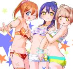  alternate_hairstyle bikini blue_eyes blue_hair bracelet closed_mouth commentary_request cowboy_shot earrings girl_sandwich goe_(g-o-e) grey_hair hair_between_eyes hair_ornament hairclip highres holding_hands interlocked_fingers jewelry kousaka_honoka long_hair looking_at_viewer love_live! love_live!_school_idol_project minami_kotori multiple_girls navel necklace one_eye_closed open_mouth orange_hair ponytail sandwiched shorts side-tie_bikini sonoda_umi swimsuit yellow_eyes 