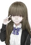  adjusting_eyewear bangs black_jacket brown_eyes brown_hair glasses hand_on_eyewear hand_up highres jacket jijinjiji long_hair looking_at_viewer original school_uniform smile solo upper_body white_background zipper 