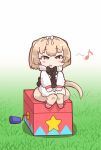  :d anteater_ears anteater_tail black_bow black_neckwear blonde_hair bow bowtie box brown_eyes chibi fur_collar grass hairband jack_in_the_box_(toy) kemono_friends kemono_friends_pavilion musical_note on_box open_mouth playground_equipment_(kemono_friends_pavilion) short_hair silky_anteater_(kemono_friends) sitting sitting_on_box smile solo star tanaka_kusao white_hairband 