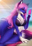  2018 5_fingers anthro beach bikini black_nose breasts brown_eyes canine clothed clothing day detailed_background digital_media_(artwork) eyelashes female fox hair mammal nitricacid outside pink_hair seaside smile solo swimsuit tongue 