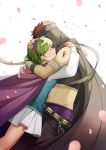  1girl aym_(ash3ash3ash) bandages cape commentary_request couple fire_emblem fire_emblem:_rekka_no_ken gloves green_hair hairband hetero jaffar_(fire_emblem) nino_(fire_emblem) purple_hairband red_hair short_hair skirt smile 