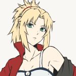  bare_shoulders blonde_hair dress fate/apocrypha green_eyes jacket long_hair red_saber 