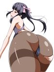  1girl aimo_(aimo1214) ass ass_grab black_hair black_legwear blush grabbing_own_ass hair_ornament hair_ribbon highres hips huge_ass looking_at_viewer looking_back open_mouth pantyhose pantyhose_under_swimsuit red_eyes ribbon senki_zesshou_symphogear shiny simple_background solo swimsuit swimwear tsukuyomi_shirabe twintails white_background wide_hips 