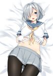 ass_visible_through_thighs bangs bed between_breasts blue_eyes blush breasts collarbone gloves grey_skirt hair_ornament hair_over_one_eye hairclip hamakaze_(kantai_collection) hands_on_shoulders highres kantai_collection looking_at_viewer lying midriff navel nebusoku necktie on_back on_bed open_mouth pantyhose pleated_skirt school_uniform serafuku short_hair short_sleeves silver_hair skirt solo white_gloves yellow_neckwear 