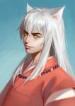  animal_ears aqua_background dabul dog_ears fang fangs highres inuyasha inuyasha_(character) jewelry long_hair male_focus necklace pearl_necklace simple_background slit_pupils smile solo upper_body very_long_hair white_hair yellow_eyes 