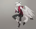  2018 4_toes 5_fingers anthro black_nose canine clothed clothing digital_media_(artwork) feathered_wings feathers fox fur hair heterochromia hybrid mammal orphen-sirius simple_background smile solo toes white_feathers white_fur white_hair wings 