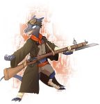  belt blue_eyes blue_scales claws clothing eyewear fangs female goggles gun horn jacket kobold maim ranged_weapon scales scalie scarf simple_background weapon 