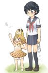  age_difference alternate_costume animal_ears bag bare_arms bare_legs bare_shoulders black_hair blonde_hair blue_eyes blush bow bowtie bug butterfly contemporary dress holding_hands initsukkii insect kaban_(kemono_friends) kemono_friends kneehighs multicolored_hair multiple_girls neckerchief no_hat no_headwear open_mouth plastic_bag pleated_skirt school_uniform serafuku serval_(kemono_friends) serval_ears serval_print short_hair short_sleeves skirt younger 