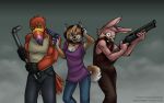  2015 5_fingers anthro anthrofied avian baggy_clothing beak biceps biped bird black_eyes black_nose blood blue_bottomwear blue_clothing breasts brown_eyes brown_fur brown_hair brown_tail buckteeth canine claws cleavage clothed clothing collar countershade_arms countershade_face countershade_tail countershade_torso countershading creepy dog eye_markings eyelashes feather_tuft feathers female fog frown fur gloves gloves_(marking) green_markings grey_background grey_bottomwear grey_clothing group gun hair half-closed_eyes hand_on_head head_tuft headphones holding_object holding_weapon humanoid_hands improvised_weapon jeans konami lagomorph looking_at_another looking_away male mammal markings medium_breasts mira_(silent_hill) multicolored_beak multicolored_fur multicolored_hair muscular muscular_male muzzle_(marking) one_eye_closed open_mouth open_smile orange_beak orange_stripes overalls pants pink_beak pink_fur pink_stripes pipe purple_beak purple_clothing purple_stripes purple_topwear rabbit ranged_weapon raygun red_feathers red_tail robbie_the_rabbit shiba_inu shirt short_hair shotgun silent_hill simple_background smile standing striped_beak stripes tail_feathers tan_countershading tan_fur tank_top teeth tigerinspace tookie_the_toucan toucan tuft two_tone_fur two_tone_hair two_tone_tail unimpressed url video_games weapon white_clothing white_countershading white_fur white_hair white_tail white_topwear wide_eyed wink yellow_beak 