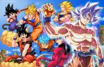  ahoge black_hair commentary darwin_nunez dougi dragon_ball dragon_ball_(classic) dragon_ball_(object) dragon_ball_gt dragon_ball_super dragon_ball_z flying flying_nimbus highres looking_at_viewer midair monkey_tail multiple_persona open_mouth parted_lips shirtless silver_hair smile son_gokuu spiked_hair staff super_saiyan super_saiyan_3 super_saiyan_4 super_saiyan_blue tail ultra_instinct 