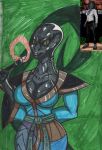 abstract_background arena argonian bald big_breasts breasts cleavage clothed clothing female full_clothing green_eyes humanoid invalid_tag kiseru markers nuru-sama scales scalie shiny_head smoking_pipe the-argonian-guy the_elder_scrolls traditional_media_(artwork) video_games wide_hips 