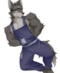  2018 anthro biceps canine chung0_0 clothed clothing digital_media_(artwork) fur hi_res male mammal muscular muscular_male overalls pecs simple_background wolf 