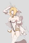  absurdres aestus_estus ahoge arm_at_side arm_strap arm_up armpits bangs bare_shoulders belt belt_buckle blonde_hair braid braided_bun breasts bridal_veil buckle chain chain_necklace chaps closed_mouth detached_collar detached_sleeves fate/grand_order fate_(series) from_side full-length_zipper garter_belt garter_straps gloves green_eyes grey_background groin hair_bun hair_intakes highres holding holding_sword holding_weapon juliet_sleeves large_breasts leotard light_smile lock long_sleeves looking_at_viewer loose_belt nero_claudius_(bride)_(fate) nero_claudius_(fate)_(all) padlock puffy_detached_sleeves puffy_sleeves ribbed_sleeves sidelocks sideways_glance simple_background smile solo strapless strapless_leotard sword sword_behind_back thigh_strap thighhighs thighs tied_hair tingas turtleneck unbuckled_belt unfastened veil weapon white_gloves white_legwear white_leotard white_sleeves wide_sleeves work_in_progress zipper zipper_pull_tab 