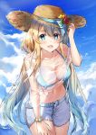 :d arm_up bangs bikini_top bird blonde_hair blue_bikini_top blue_eyes blue_hair blue_ribbon blue_shorts blue_sky blush bracelet breasts brown_hat cherim cleavage cloud collar collarbone commentary commission day engrish_commentary eyebrows_visible_through_hair flower gradient_hair halter_top halterneck hand_on_headwear hand_on_own_thigh hat hat_flower hat_ribbon highres jewelry large_breasts leaning_forward long_hair looking_at_viewer low_twintails multicolored_hair off_shoulder open_mouth original outdoors red_flower ribbon see-through shirt short_sleeves shorts shoulder_cutout sky smile solo sparkle standing straw_hat tareme tied_shirt twintails very_long_hair water_drop yellow_flower 
