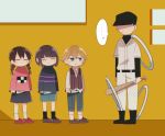  1girl 1other 2boys androgynous braid brown_hair chibi circle commentary_request crossover end_roll frisk_(undertale) jewelry long_hair long_sleeves madotsuki multiple_boys multiple_crossover odd_one_out off pink_shirt ring russell_(end_roll) shirt short_hair spoken_ellipsis suyazzz_(soyoyon) sweater the_batter twin_braids twintails undertale yume_nikki 