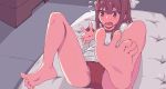  1girl barefoot blush brown_hair feet gym_uniform hair_bow long_hair open_mouth pov pov_feet red_eyes soles tisshuhako toes 