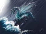  2014 claws detailed_background digital_media_(artwork) dragon feral glowing glowing_eyes horn mane membranous_wings raining shadownight456 solo water wings 