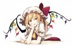  ascot bangs blonde_hair eyebrows_visible_through_hair fingernails flandre_scarlet hat hat_ribbon head_rest hisona_(suaritesumi) leaning_forward long_fingernails long_hair looking_at_viewer mob_cap puffy_short_sleeves puffy_sleeves red_eyes red_ribbon ribbon short_sleeves simple_background smile solo touhou uneven_eyes white_background white_hat wings wrist_cuffs yellow_neckwear 
