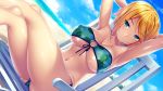  anna_(tropical_liquor) bikini blonde_hair blush breasts green_bikini green_eyes large_breasts sayori shiny shiny_skin short_hair side-tie_bikini solo swimsuit tropical_liquor 