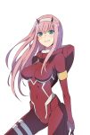  arms_at_sides bangs blue_eyes blush bodysuit breasts darling_in_the_franxx hair_between_eyes horns large_breasts long_hair looking_at_viewer parted_lips pilot_suit pink_hair red_bodysuit simple_background smile solo ururu very_long_hair white_background zero_two_(darling_in_the_franxx) 