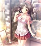  bag brown_hair chrono_clock collarbone day floating_hair game_cg hairband highres long_hair miniskirt outdoors pink_hairband pink_ribbon pleated_skirt red_skirt ribbon shiny shiny_hair shirt short_sleeves skirt solo standing suzuki_miu tsukimori_hiro white_shirt 