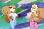  2018 blonde_hair breasts buckteeth clothing dressing eyewear female glasses greycat_rademenes hair jeans looking_at_viewer mammal nickelodeon panties pants pink_nose rodent sandy_cheeks spongebob_squarepants squirrel teeth underwear 