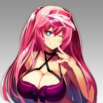  blue_eyes breasts cleavage commentary_request hat heart heart-shaped_pupils highres large_breasts long_hair looking_at_viewer nirai_kanai one_eye_closed original pink_hair smile solo symbol-shaped_pupils twintails upper_body visor_cap 