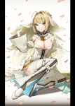  absurdres adjusting_clothes ahoge arm_strap arm_support bangs bare_shoulders belt blonde_hair blurry breasts bridal_veil buckle chain chain_necklace chaps cleavage closed_mouth commentary_request depth_of_field detached_collar detached_sleeves eyebrows_visible_through_hair falling falling_petals fate/grand_order fate_(series) flower flower_wreath full-length_zipper full_body garter_belt garter_straps gloves green_eyes hair_flower hair_intakes hair_ornament hand_up head_wreath highres juliet_sleeves knee_up leaf leaning_to_the_side leg_strap leotard light_smile lock long_sleeves looking_at_viewer loose_belt medium_breasts nero_claudius_(bride)_(fate) nero_claudius_(fate)_(all) padlock partially_unzipped petals pillarboxed puffy_detached_sleeves puffy_sleeves ribbed_sleeves shadow shibainu shoes sidelocks simple_background sitting smile solo strapless strapless_leotard thigh_strap thighhighs tied_hair unzipped veil waist_cape white_background white_flower white_footwear white_gloves white_legwear white_leotard white_sleeves wide_sleeves yokozuwari zipper zipper_pull_tab 
