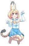  absurdres alternate_costume animal_ears bare_shoulders blonde_hair blush bow bowtie contemporary elbow_gloves eyebrows_visible_through_hair gloves highres initsukkii kemono_friends multicolored_hair no_shoes paw_pose pleated_skirt school_uniform serafuku serval_(kemono_friends) serval_ears serval_print serval_tail short_hair skirt solo striped striped_legwear tail thighhighs 