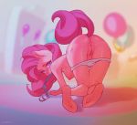  2018 anthro blurred_background breasts butt clothing cutie_mark earth_pony equine female friendship_is_magic hair horse looking_at_viewer mammal mouth_hold my_little_pony nipples pinkie_pie_(mlp) pony pussy solo underwear unteddy 