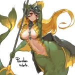  areola_slip areolae blush breasts cleavage holding holding_weapon large_breasts league_of_legends long_hair nami_(league_of_legends) navel pandea_work red_eyes simple_background sketch solo tail weapon white_background 