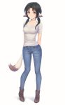  animal_ears anklet arms_behind_back bangs black_choker blush bralines brown_eyes brown_footwear casual choker closed_mouth collarbone contemporary denim eruruw full_body grey_shirt hair_tie highres jeans jewelry legs_apart long_hair looking_at_viewer low_twintails miura-n315 pants parted_bangs pigeon-toed pocket shirt short_sleeves simple_background smile solo standing tail tareme twintails utawareru_mono utawareru_mono:_itsuwari_no_kamen white_background 