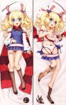  1girl :d anchor_symbol artist_name bare_shoulders bed_sheet black_bow blonde_hair blue_eyes blue_sweater bow bow_panties brown_legwear camisole collarbone covering covering_breasts dakimakura detexted eyebrows_visible_through_hair fang glowworm_(zhan_jian_shao_nyu) hair_between_eyes hair_ornament hair_ribbon hand_on_own_stomach head_tilt kneehighs kneehighs_pull lace lace-trimmed_panties long_hair long_sleeves looking_at_viewer mtyy multiple_views navel no_shoes open_mouth panties radio_antenna red_bow red_scarf ribbon scarf see-through shirt sidelocks smile smoke striped striped_ribbon striped_scarf sweater sweater_vest tareme torn_clothes torn_kneehighs torn_shirt torn_sweater twintails underwear white_panties white_shirt wide_sleeves zhan_jian_shao_nyu 