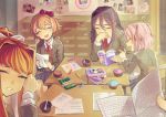  :d absurdres bangs blazer blue_skirt book book_on_lap bow brown_hair chair classroom closed_eyes collared_shirt commentary copyright_name covering_mouth crayon cupcake day desk doki_doki_literature_club english_commentary facing_viewer food grey_jacket grin hair_between_eyes hair_bow hair_intakes hair_ornament hairclip hand_over_own_mouth hand_up head_tilt highres holding holding_book holding_paper indoors jacket laughing light_particles long_hair long_sleeves monika_(doki_doki_literature_club) multiple_girls natsuki_(doki_doki_literature_club) neck_ribbon open_book open_mouth paper photo_(object) pink_hair pleated_skirt pointing ponytail pov pov_hands protagonist_(doki_doki_literature_club) purple_hair red_bow red_neckwear red_ribbon ribbon sayori_(doki_doki_literature_club) school school_chair school_desk school_uniform shelf shirt short_hair sidelocks sitting skirt smile spoon sunlight teeth wetryuuyiop white_bow white_ribbon white_shirt wing_collar yuri_(doki_doki_literature_club) 