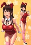  akagi_(kantai_collection) animal_ears bare_legs black_footwear blush breasts brown_hair bunny_ears bunny_girl cleavage competition_school_swimsuit covered_navel cowboy_shot detached_collar fake_animal_ears floral_background full_body highres kantai_collection large_breasts leaning_forward leg_warmers long_hair looking_at_viewer multiple_views one-piece_swimsuit open_mouth pink_legwear red_swimsuit school_swimsuit shoes smile swimsuit swimsuit_pull wa_(genryusui) wrist_cuffs yellow_background 