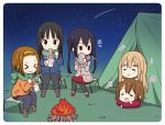  akiyama_mio beamed_eighth_notes beamed_sixteenth_notes black_hair black_legwear border brown_hair campfire camping closed_eyes company_connection cup_ramen eighth_note grass green_scarf hirasawa_yui k-on! kotobuki_tsumugi long_hair manga_time_kirara multiple_girls musical_note nakano_azusa night night_sky open_mouth outdoors pantyhose parody quarter_note ragho_no_erika rounded_corners scarf short_hair sitting sky slurping smile star_(sky) starry_sky tainaka_ritsu tent thick_eyebrows twintails white_border yurucamp 