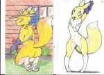  2018 apron breasts building butt canine chest_tuft clothing digimon female flower fur gardening gloves grass hat house kneeling landscaping looking_back mammal nipples outside pawpads plant postdisease presenting presenting_hindquarters pussy raised_tail renamon side_boob simple_background stretching traditional_media_(artwork) trowel tuft white_background window yellow_fur 