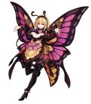  :d antennae blonde_hair boots breasts butterfly_wings drinking_straw flower full_body hairband high_heel_boots high_heels highres insect_girl kenkou_cross large_breasts monster_girl monster_girl_encyclopedia open_mouth outstretched_arms papillon_(monster_girl_encyclopedia) pink_wings red_eyes short_hair simple_background smile solo spread_arms thigh_boots thighhighs white_background wings 
