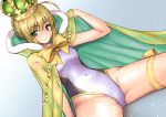  ahoge arm_support artoria_pendragon_(all) artoria_pendragon_(swimsuit_archer) bangs bare_arms blonde_hair blush bow braid breasts cape closed_mouth competition_swimsuit covered_navel crown dutch_angle eyebrows_visible_through_hair fate/grand_order fate_(series) fur-trimmed_cape fur_trim gradient gradient_background green_cape green_eyes grey_background hand_up highleg highleg_swimsuit light_particles marugoshi_(54burger) one-piece_swimsuit ribbon see-through short_hair sidelocks sitting small_breasts smile solo swimsuit thigh_ribbon thighs white_swimsuit yellow_bow yellow_ribbon 