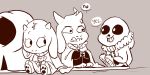  2015 alternate_universe animated_skeleton anthro asgore_dreemurr boat bone boss_monster cape caprine chibi clothing dialogue english_text female goat group horn littletale mammal monochrome mudkipful river_person_(undertale) sans_(undertale) simple_background skeleton smile text toriel undead undertale vehicle video_games water young 