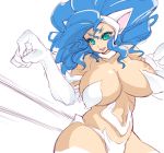  animal_ears aqua_eyes big_hair blue_hair breasts cat_ears cat_girl fang felicia fur highres hips huge_breasts long_hair navel noise open_mouth paw_pose paws simple_background slit_pupils smile solo stomach vampire_(game) white_background 