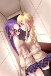  2girls blonde_hair blush breasts glasses green_eyes hug inuyama_aoi large_breasts multiple_girls oogaki_chiaki purple_hair red_eyes skirt small_breasts xueci yuri yurucamp 