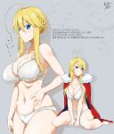  ahoge artoria_pendragon_(all) artoria_pendragon_(lancer) barefoot blonde_hair blue_eyes bra breasts cleavage cloak commentary_request fate/grand_order fate_(series) fur_trim grey_background hair_between_eyes hair_up hand_on_hip highres kneeling lace lace-trimmed_bra large_breasts long_hair looking_at_viewer mattari_yufi multiple_views navel panties shadow sidelocks smile standing sweatdrop translation_request underwear 
