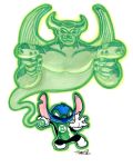  2011 4_fingers 5_fingers alien blue_fur blue_nose chernabog claws clothing crossover dc_comics demon disney dual_wielding duo experiment_(species) fantasia fur gloves green_lantern head_tuft holding_object holding_weapon james_silvani lilo_and_stitch marker_(artwork) mask muscular notched_ear plasma_rifle ring signature simple_background spirit stitch traditional_media_(artwork) weapon white_background white_gloves wings 
