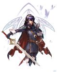  badge belt blue_eyes blue_hair bug butterfly cape commentary cropped_legs falchion_(fire_emblem) fire_emblem fire_emblem:_kakusei highres insect looking_at_viewer lucina mask mask_removed saifful_johan_foo scabbard sheath smile solo strap sword tiara weapon 
