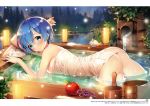 apple arm_support ass ayamy bare_arms bare_shoulders bathing blue_eyes blue_hair blurry blurry_foreground blush breasts bucket closed_mouth creature depth_of_field eyebrows_visible_through_hair fireflies food forest from_side fruit hair_ornament hakugei_(re:zero) hanging_breasts highres light looking_at_viewer looking_to_the_side medium_breasts naked_towel nature outdoors outstretched_arms partially_submerged re:zero_kara_hajimeru_isekai_seikatsu rem_(re:zero) scan shiny shiny_hair shiny_skin short_hair smile solo steam tareme towel translation_request tree water wet wet_hair wooden_bucket x_hair_ornament 