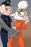  2018 akiric anthro belt butt butt_grab caprine clothed clothing crossed_arms dawn_bellwether disembodied_hand disney duo_focus eyewear female furgonomics glasses green_eyes group hand_on_butt hat leaning leaning_forward looking_back mammal mayor_swinton necktie pig police_uniform porcine prison_uniform rear_view sheep standing tail_clothing uniform utility_belt wool zootopia 