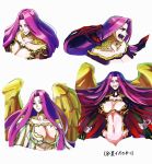 breasts chain cleavage cuffs fangs fate/grand_order fate_(series) forehead fuchino gorgon_(fate) grin highres large_breasts long_hair looking_at_viewer multiple_views navel purple_eyes purple_hair rider scales shackles smile snake_hair sweat translation_request upper_body very_long_hair white_background wings 